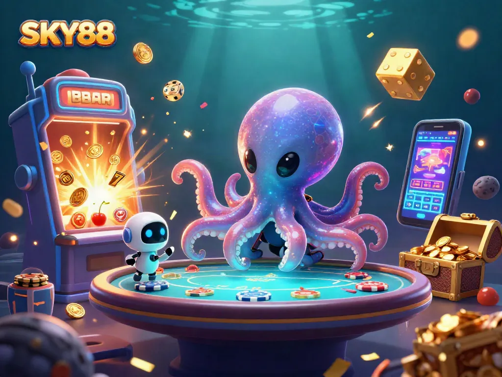 Experience the excitement of SKY88 with a dynamic 3D illustration featuring a cosmic octopus playing poker.