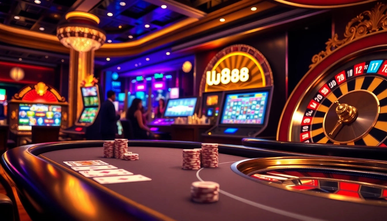 u888 casino scene featuring vibrant slot machines and elegant poker tables for an exciting gambling experience.