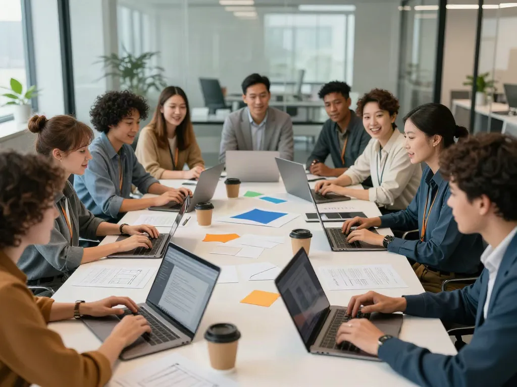 Collaborative professionals discussing strategies in a modern office, clicking here for innovative ideas.