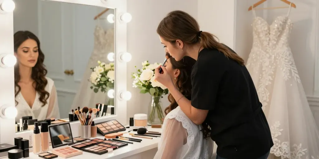Makeup Artist Colchester applying bridal makeup in an elegant studio.