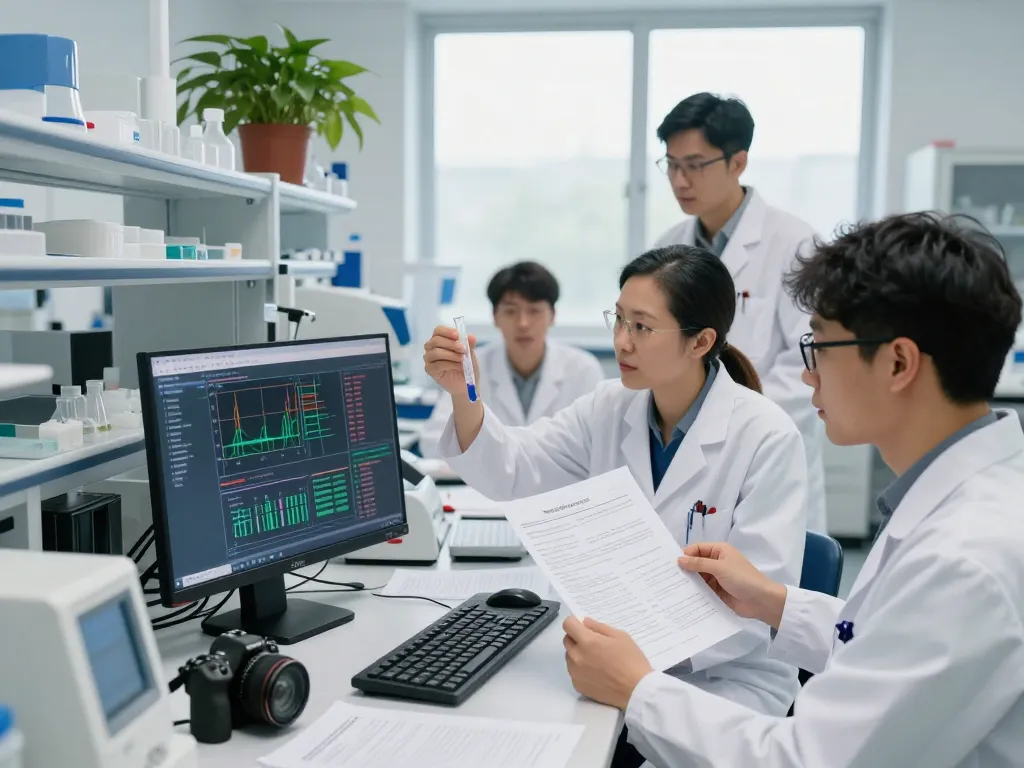 Collaboration in a neurodegenerative disease research lab at https://nddo.org, showcasing scientists analyzing data, advanced instruments, and teamwork.