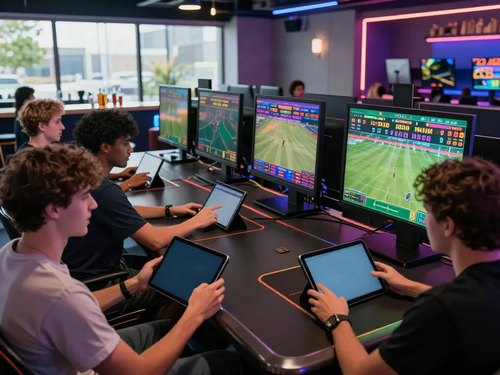 Exciting online betting environment showcasing players engaged with 9bet sports betting, illuminated screens displaying live odds.