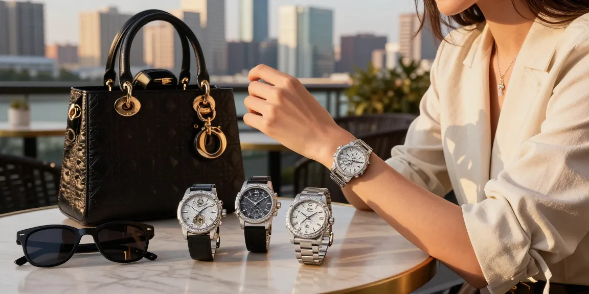 Showcasing super clone watches in a stylish urban setting with luxury accessories, capturing elegance.
