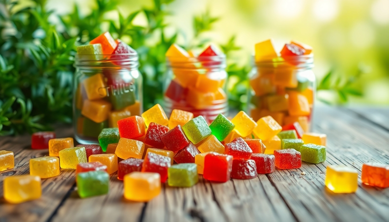 Indulge in the Best THC Gummies in the UK arranged attractively on a rustic table.