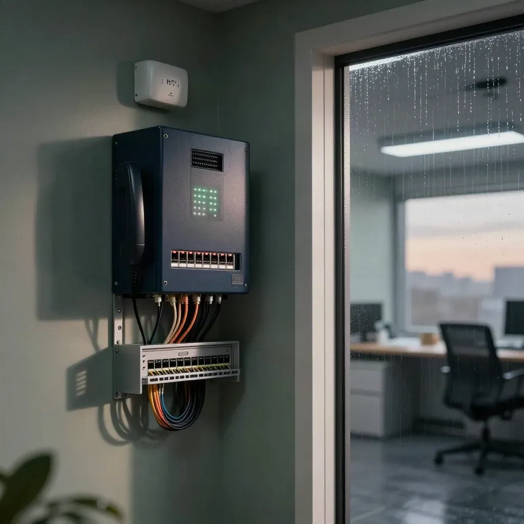 Comms room with firewall, patch panels, Wi‑Fi access points and glowing status LEDs at dawn