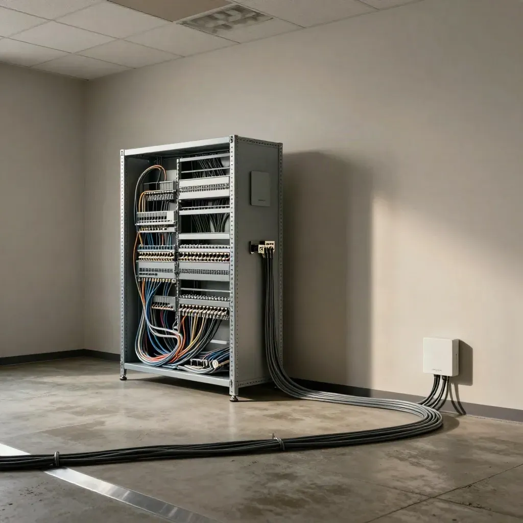 Steel rack, access point mockup, ceiling tile sample, and cable runs in a modern office network layout.