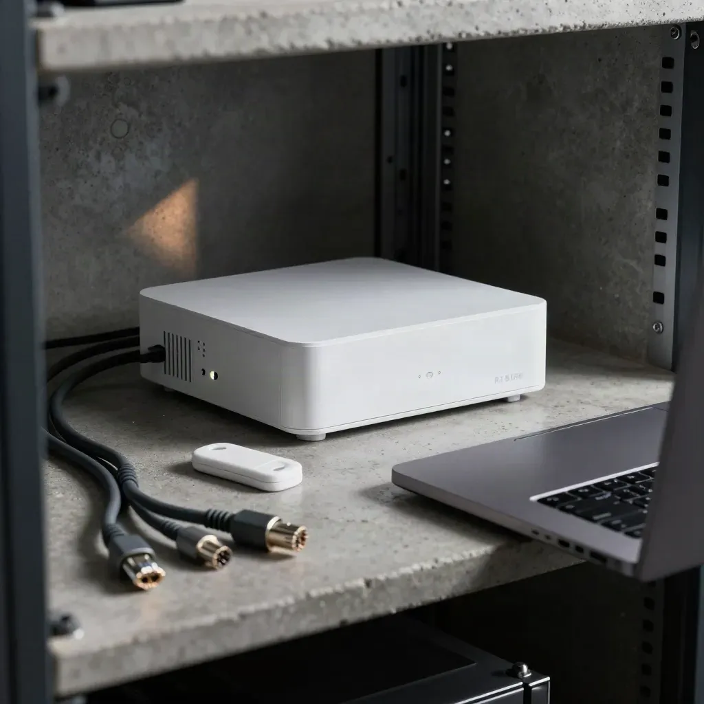 Remote-access gateway, token, laptop shell and Ethernet lead on a server-room shelf