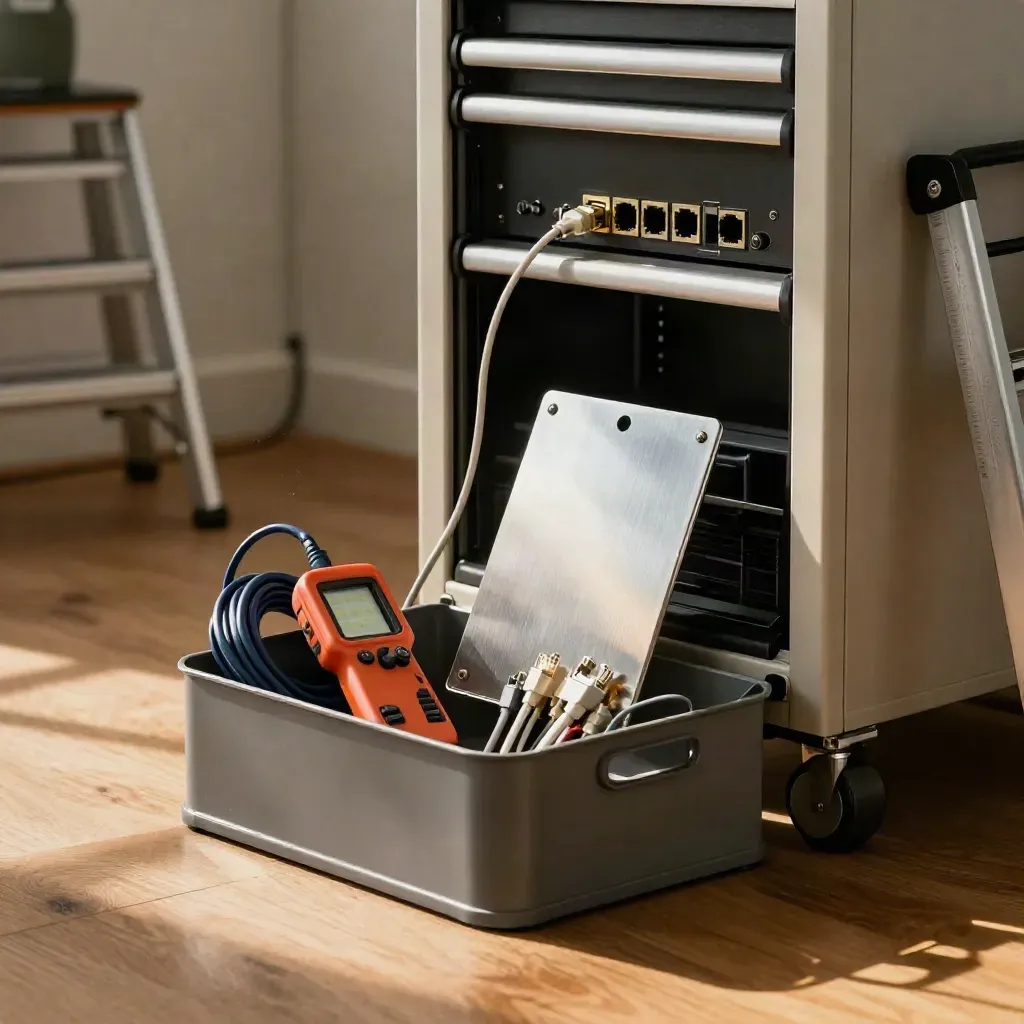 Open network support caddy beside a rack cabinet with one live port in a warm office comms corner.