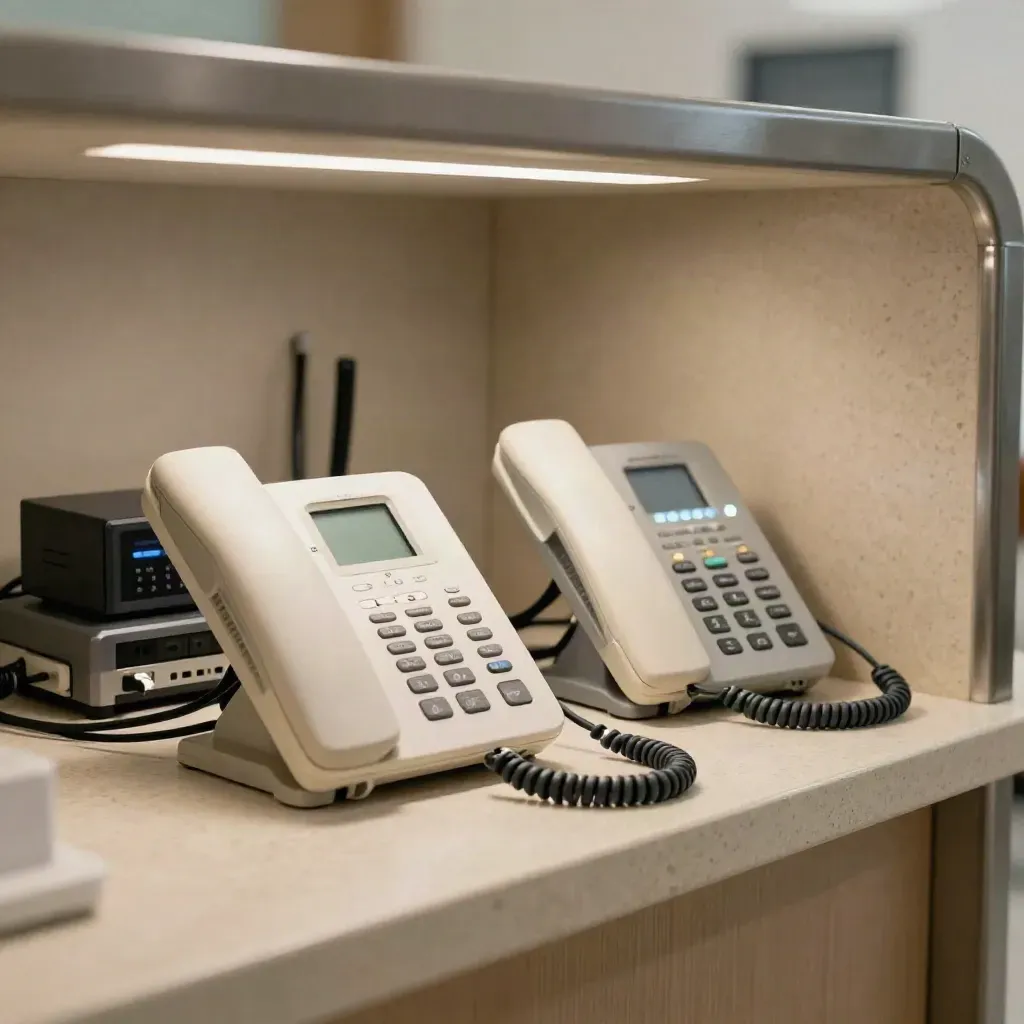 VoIP phones and backup modem glowing in a quiet clinic reception nook.