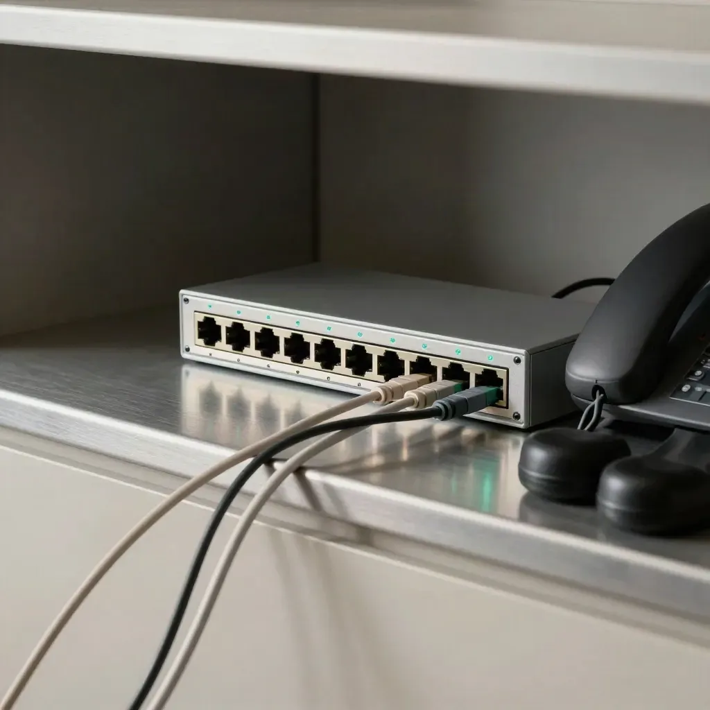 Network switch, tester, patch leads and desk phone base on a utility shelf with cyan LEDs