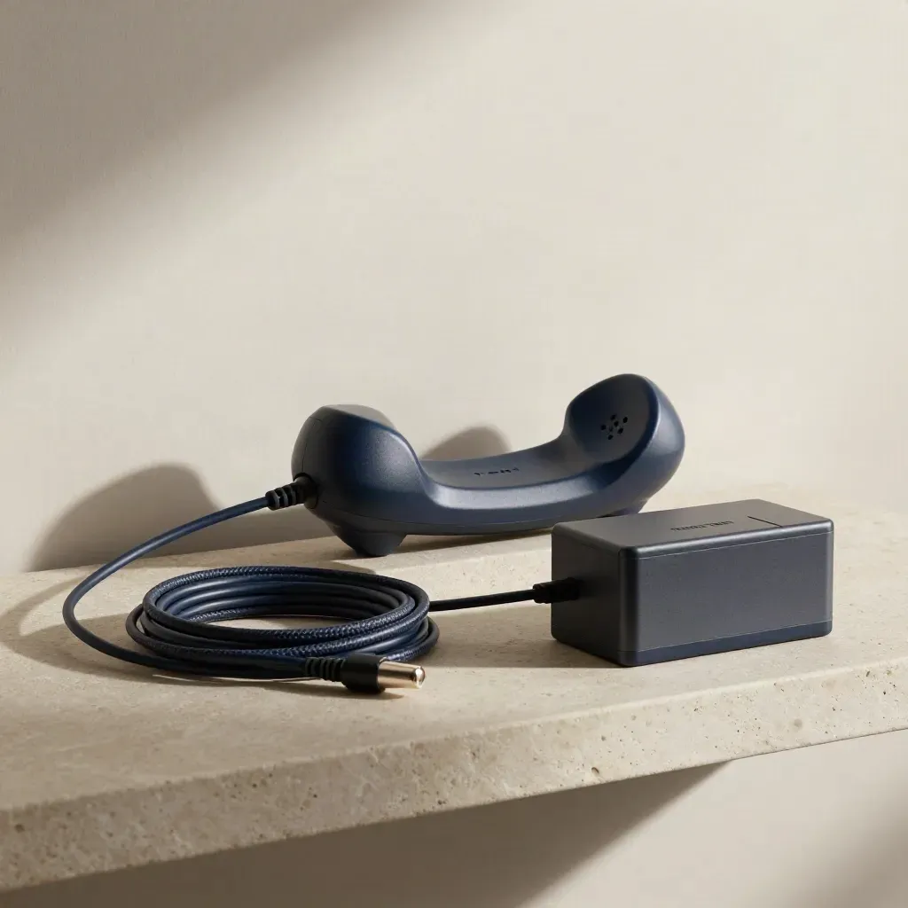 Support kit with cradle, coiled patch cord and UPS brick on a stone shelf