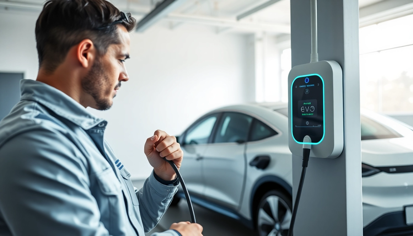 Technician installing McNally EV mobile charger in a modern garage.