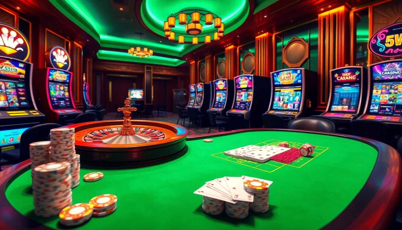 Experience the exhilarating atmosphere of 55WW online casino with vibrant tables, cards, and roulette wheels.