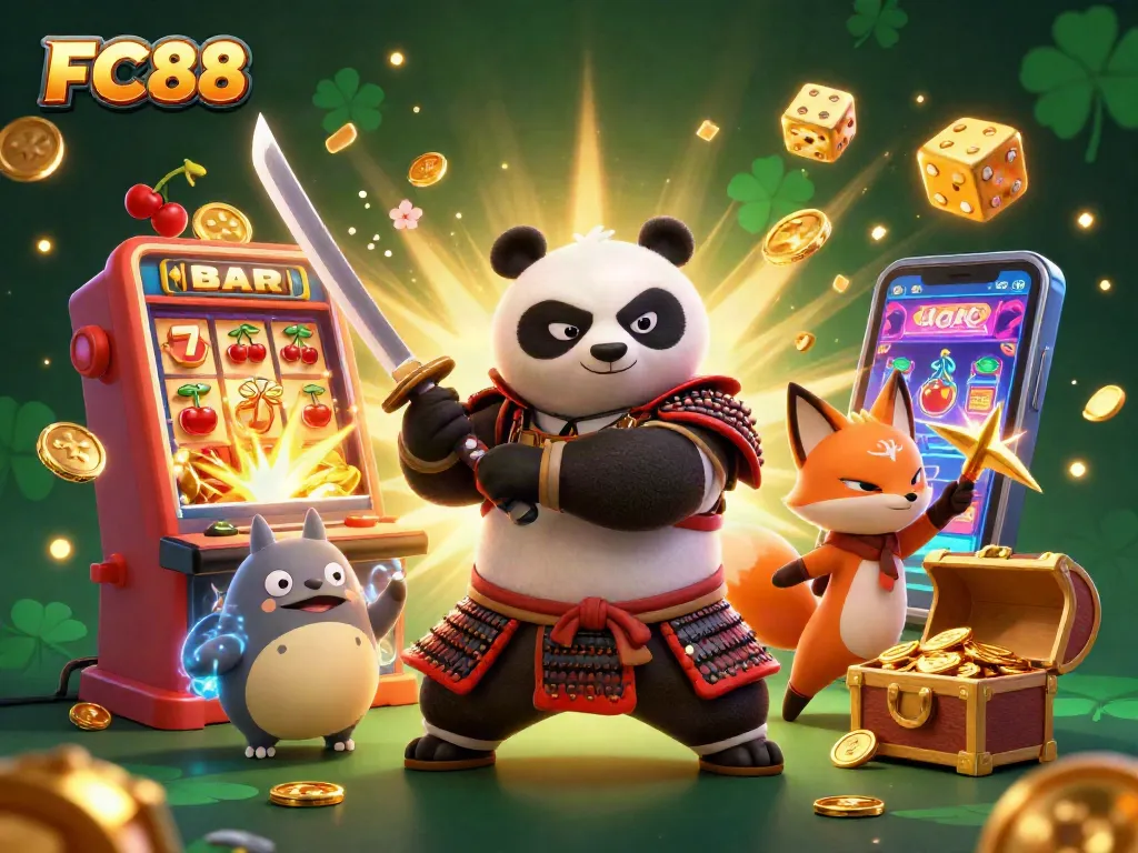 Experience the excitement at FC88 as a samurai panda and ninja fox celebrate a jackpot win!