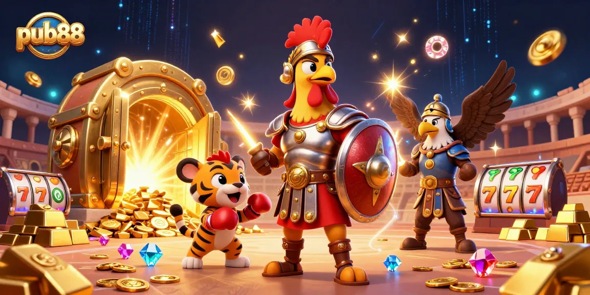 Experience thrilling wins at pub88 with a gladiator rooster amidst dazzling casino elements.