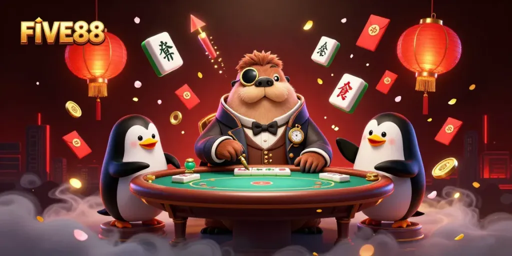 Engage in thrilling poker at FIVE88 with a walrus and dynamic underwater casino setting.