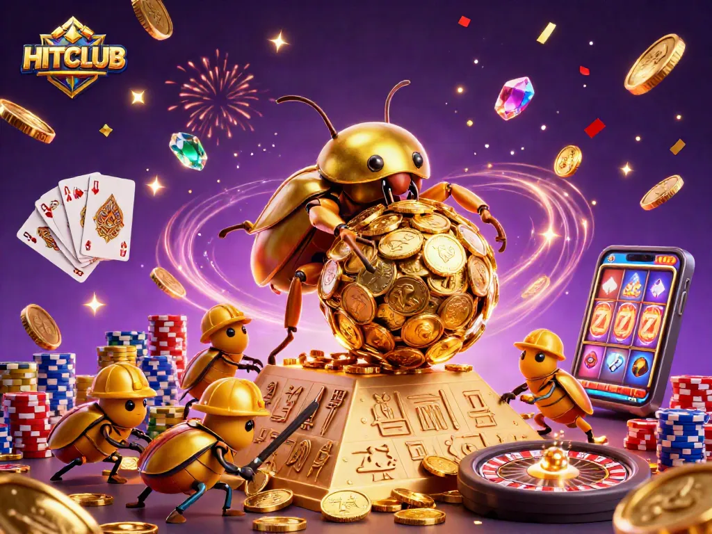 Engage with HITCLUB's vibrant casino games atmosphere, featuring dynamic golden coins and 3D characters.