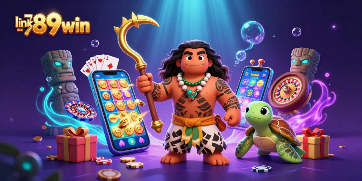 Engage with link 789win, featuring a vibrant 3D scene of a demigod hawk and turtle amidst exciting casino elements.