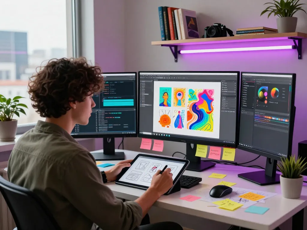 AI artist creating image prompt in a vibrant digital studio with advanced tools.