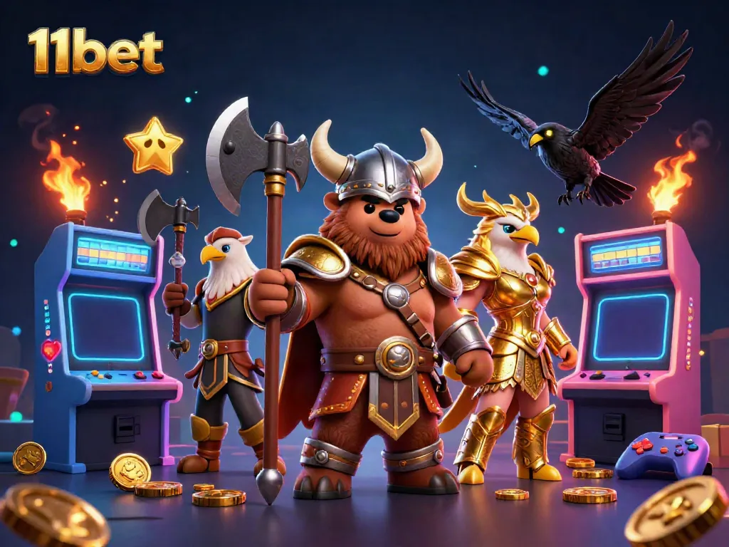 Experience thrilling gaming action with 11bet featuring a Viking bear and Valkyrie eagle amidst vibrant arcade elements.