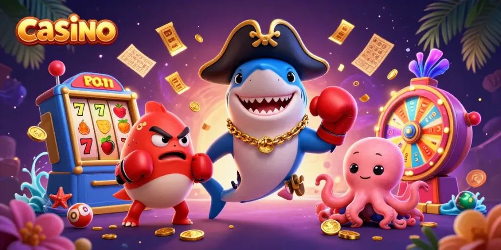 Energetic casino scene featuring a pirate shark, a boxing pufferfish, and an octopus surrounded by slot machines and vibrant game elements.