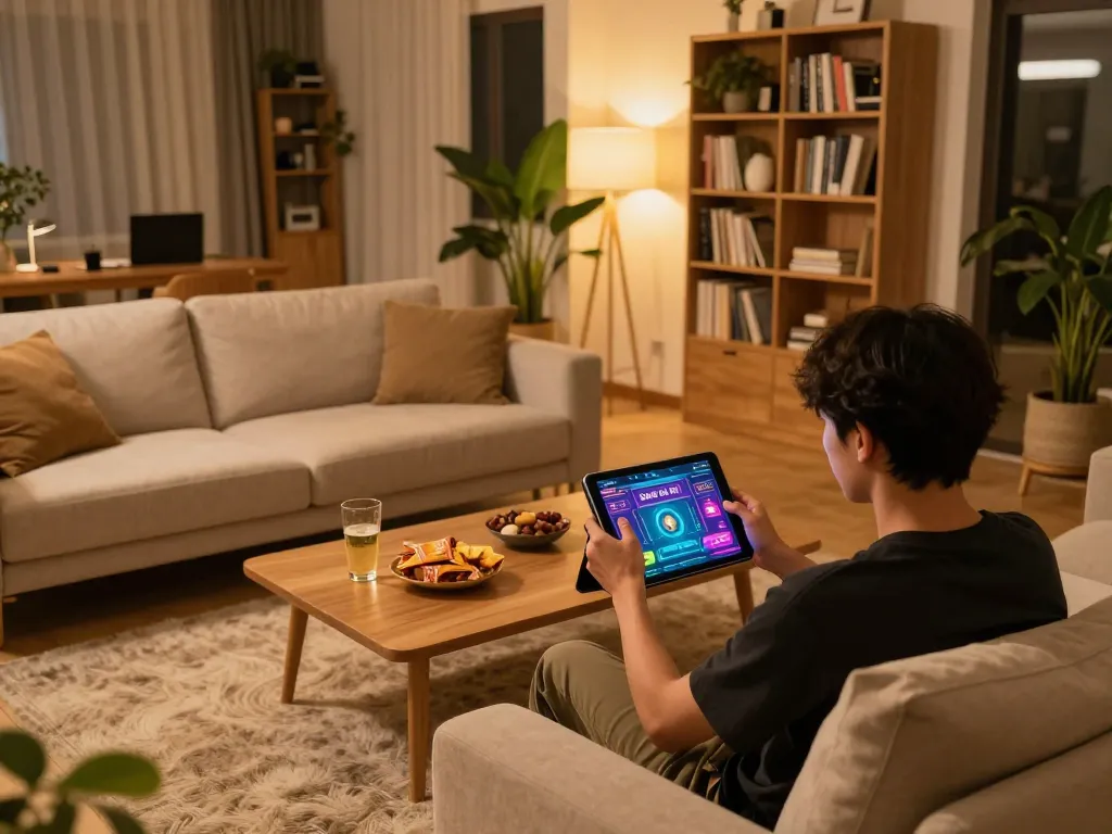 Person enjoying Game tài xỉu on tablet at home, vibrant gaming interface and warm lighting
