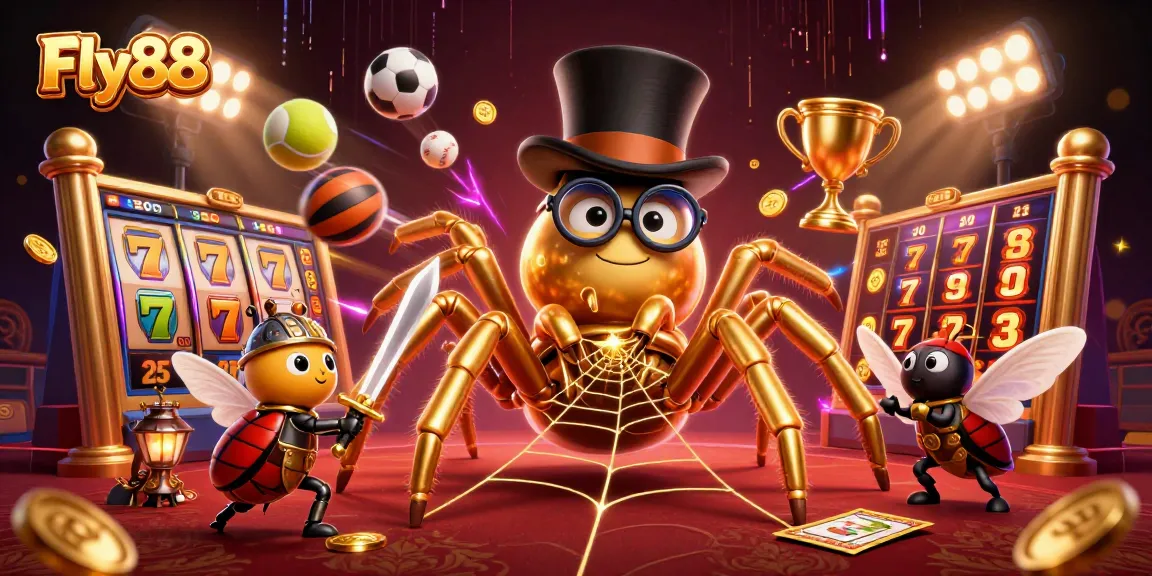 Engage with Fly88 as you witness a vibrant scene of a golden tarantula and beetle knight in an exciting casino.
