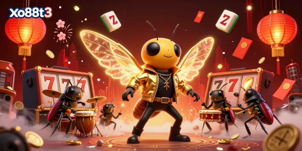 Engage in exciting slots with the vibrant xo88t3 rock star casino scene featuring dynamic characters and lucky symbols.