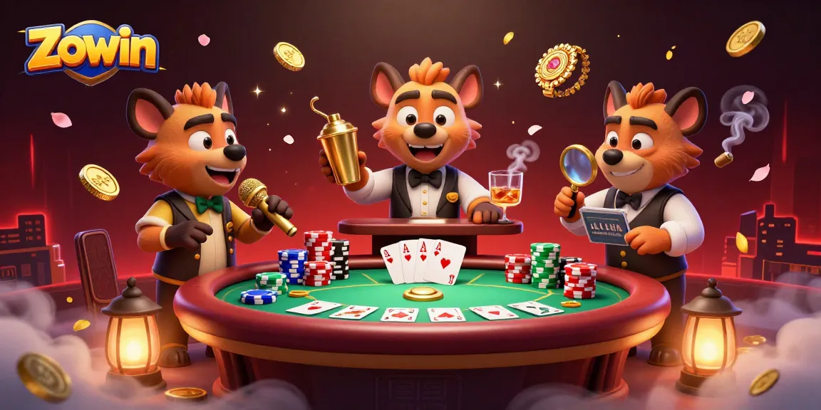 Zowin captivates with vibrant hyena characters in a lively casino scene, featuring poker action and golden shakers.