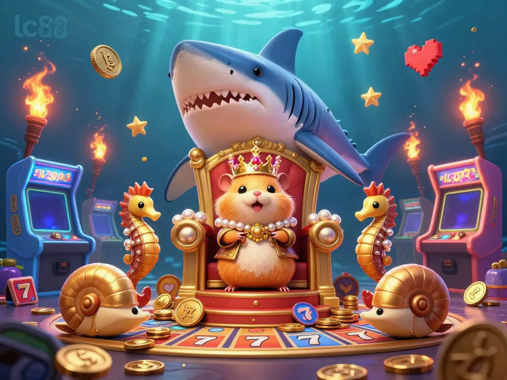 Engage with lc88's thrilling casino scene featuring a golden hamster king and vibrant slot machines.