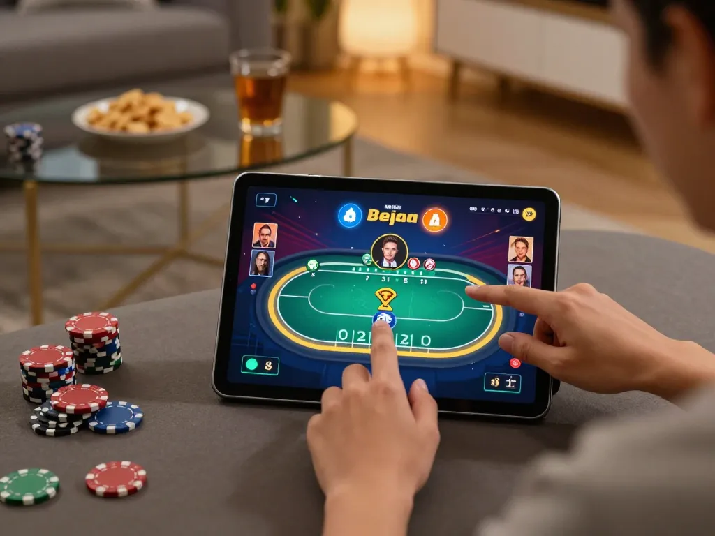 Players enjoy poker on 99wincasino app in a cozy home setting, showcasing strategic gameplay.