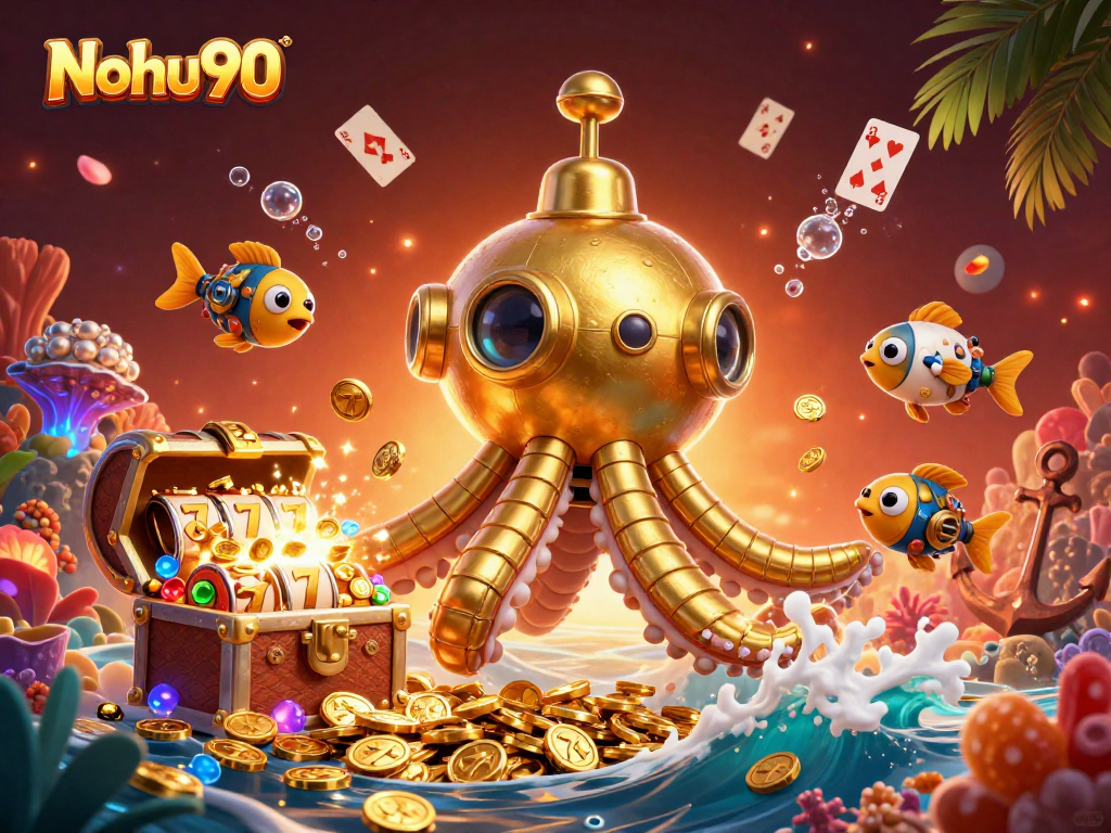 Nohu90 offers an exciting jackpot visual with a kraken submarine and coins exploding in a rich casino scene.