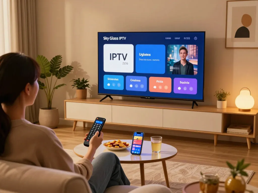 Sky Glass IPTV Updated APP 2026 in a cozy living room setting with user enjoying content on a modern TV.