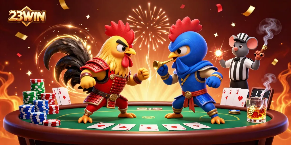 Experience thrilling standoffs at 23WIN with dynamic illustrations of competitive roosters and poker elements.