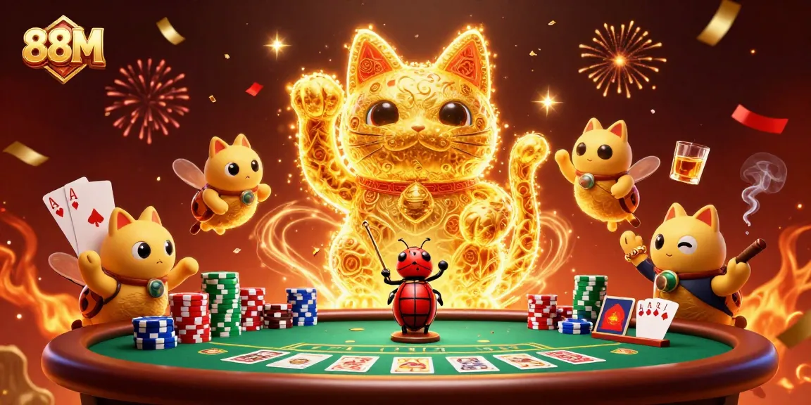 Experience the magic of 88M casino games with a dynamic lucky cat illustration symbolizing fortune.
