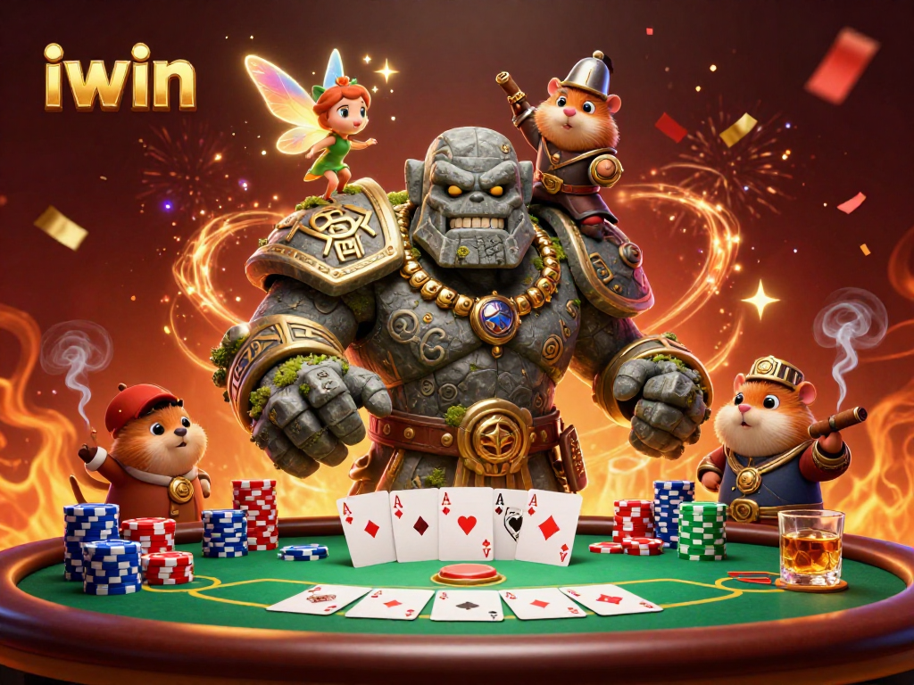 Experience the excitement of iwin with this vibrant 3D casino scene featuring dynamic poker action!