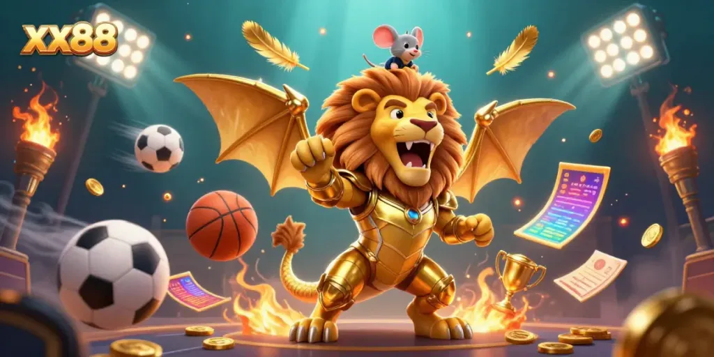 Experience thrilling sports betting excitement with xx88's dynamic gaming scene featuring a roaring chimera and sports elements.