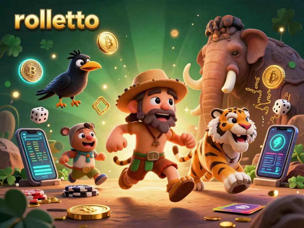 Experience the excitement of rolletto with prehistoric characters in a vibrant casino scene featuring crypto elements.