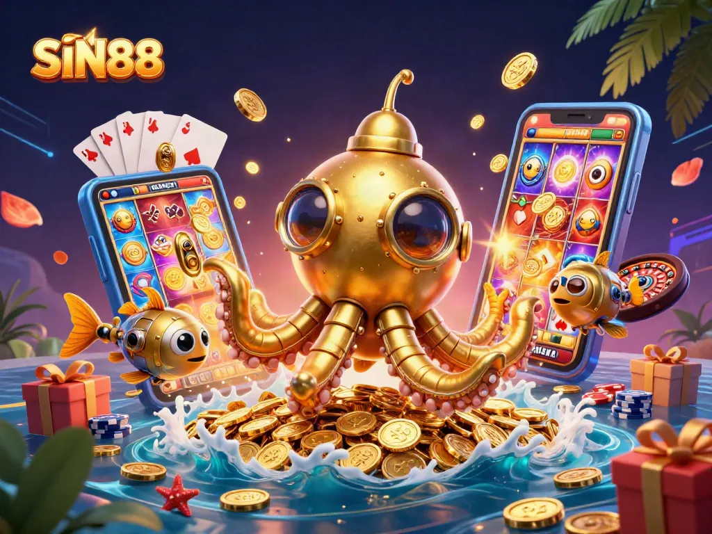 SIN88 creative illustration showcasing a 3D golden kraken submarine amidst gaming elements like slot games and gold coins.