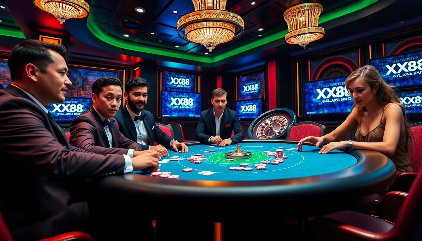 Experience the thrill of poker and roulette at an exclusive casino with XX88 logo integration.