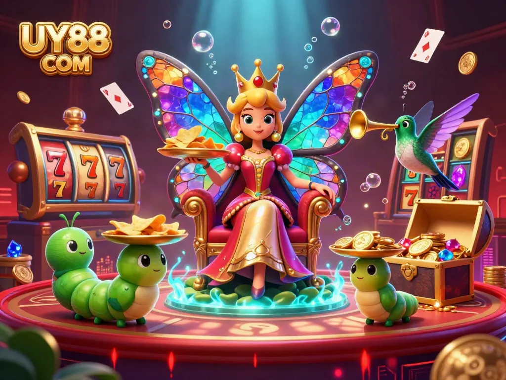 Experience the excitement of UY88 COM with vibrant 3D casino scenes featuring a butterfly queen and dynamic casino elements.