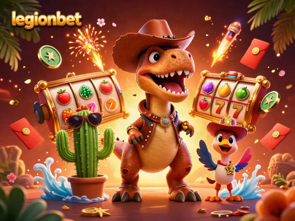Engage in thrilling gaming at legionbet with a vibrant 3D scene featuring a T-Rex and slot elements.