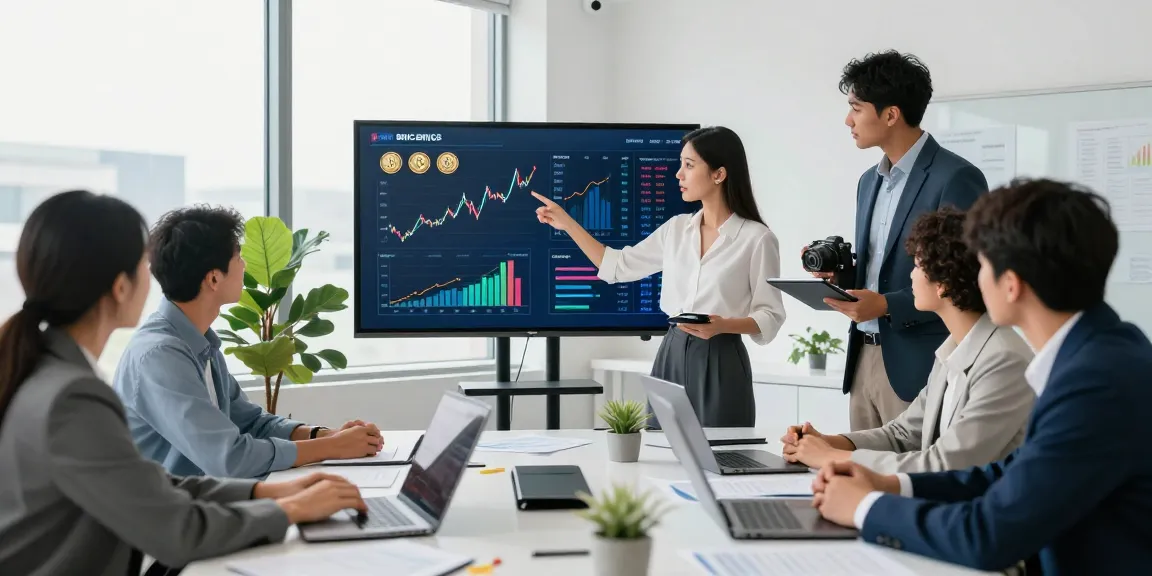 Invest in BRICS coins with a diverse investment team analyzing financial trends in a modern office.