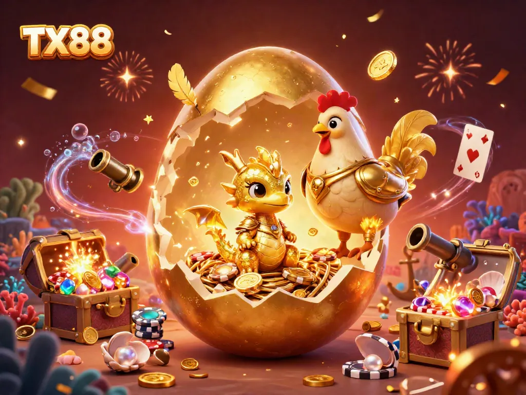 Experience the vibrant action at TX88 with a golden baby dragon amidst casino treasures.