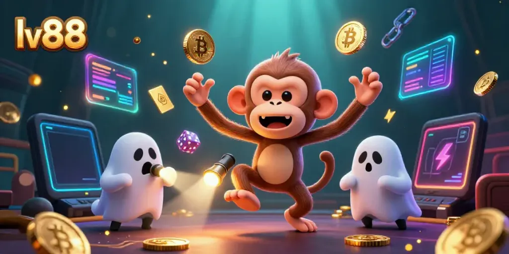 Experience the excitement at lv88 with a playful ghostly monkey juggling casino treasures.