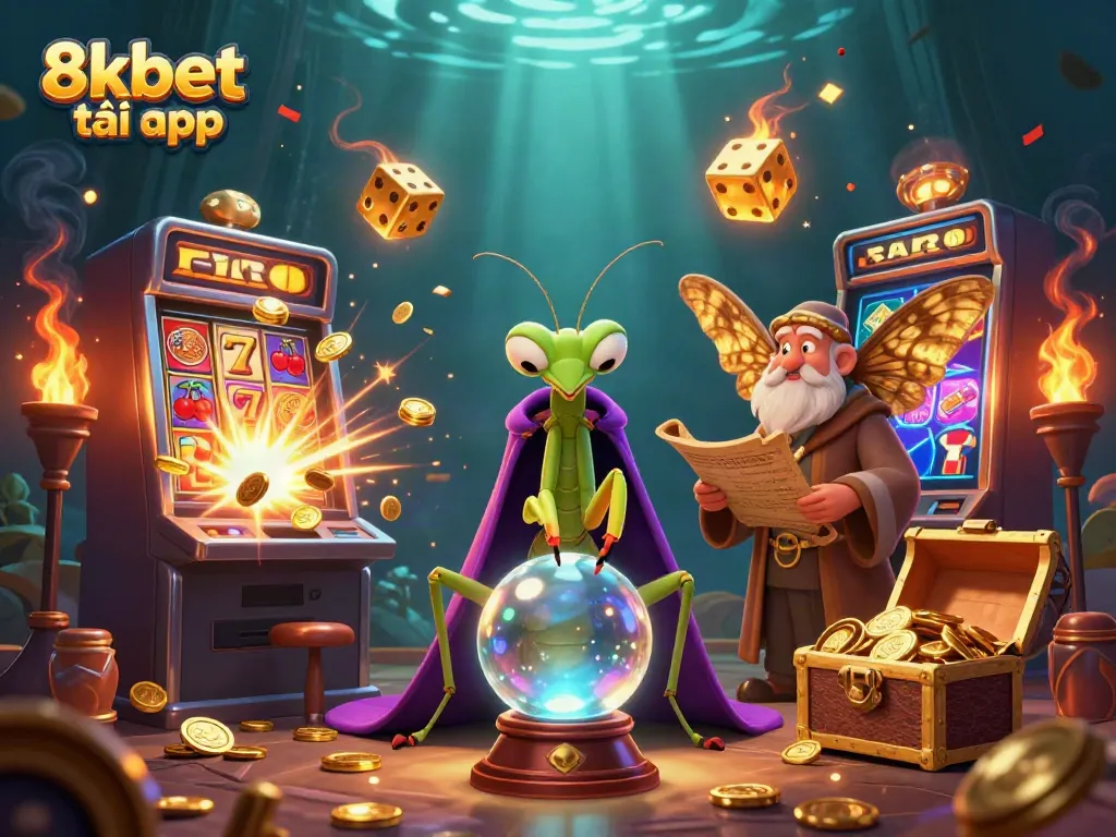 Experience excitement with 8xbet tải app featuring a dynamic casino scene with winning symbols and magical characters.