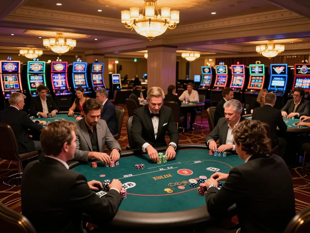 Players engaging with poker at HB88 casino, vibrant atmosphere, professional dealers.