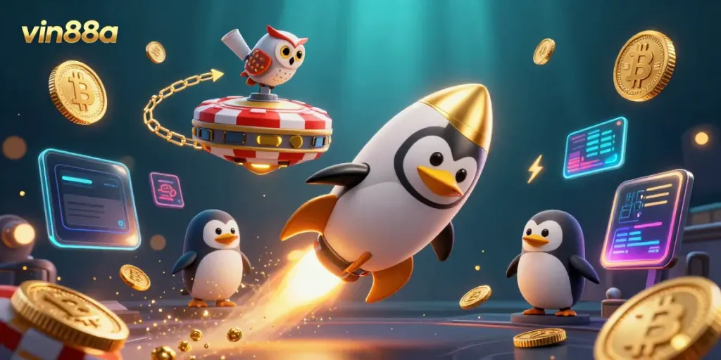 Engage with vin88a using a lively scene of a golden penguin flying towards a casino space station.