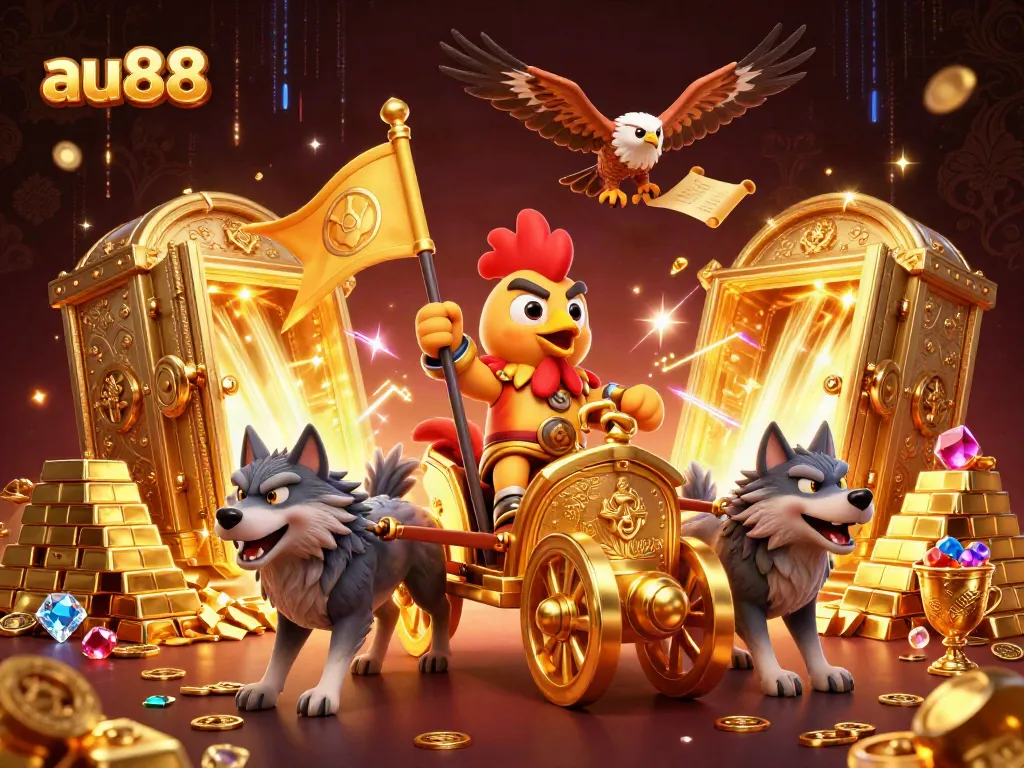 Engage with au88's vibrant casino scene showcasing a digital warlord and treasures.