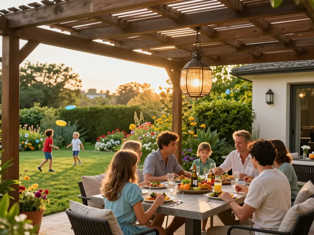 Family enjoying dinner under a beautifully designed pergola configurator with greenery around.